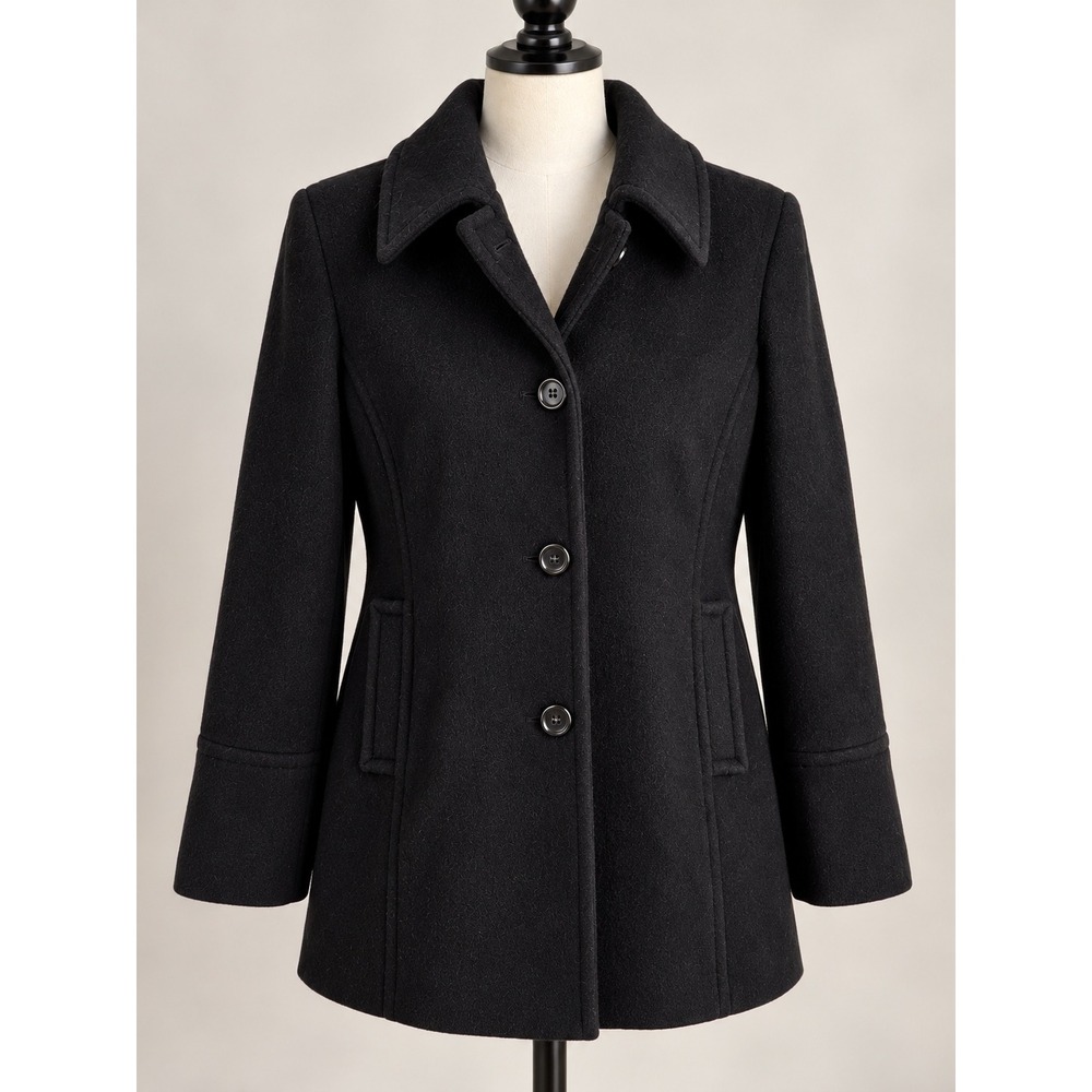 Marvin Richards Black Wool Blend Pea Coat Jacket Womens Large Mid Length Classic